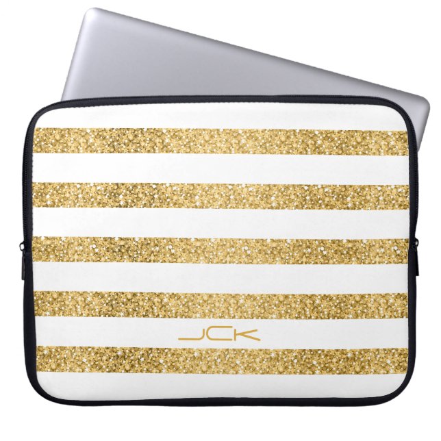 Gold Glitter White Stripes Pattern Monogram Laptop Sleeve (Front)