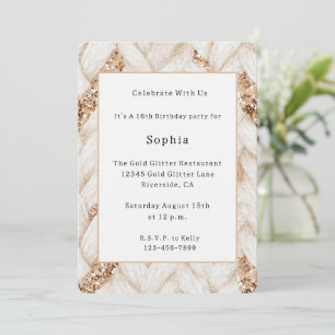 Gold Glitter White Woven Faux Fabric Birthday Invitation