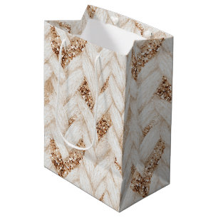 Gold Glitter White Woven Faux Fabric Birthday Medium Gift Bag