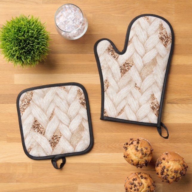 Gold Glitter White Woven Faux Fabric   Oven Mitt & Pot Holder Set (Top Down)