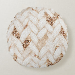 Gold Glitter White Woven Faux Fabric   Round Cushion