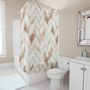 Gold Glitter White Woven Faux Fabric Shower Curtain