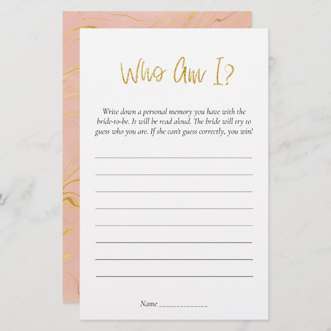 Gold Glitter Who Am I Bridal Shower Game (Front/Back)