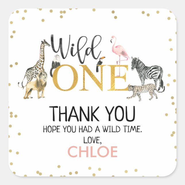 Gold Glitter Wild One Safari Birthday Thank You Square Sticker (Front)