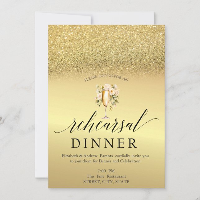 Gold Glitter Wine Glass Flowers Rehearsal Dinner Invitation (Front)
