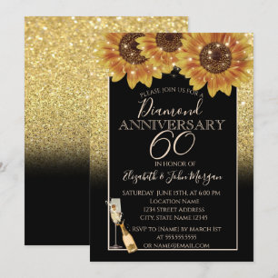 Gold Glitter,Wine,Glass, Sunflowers Anniversary Invitation