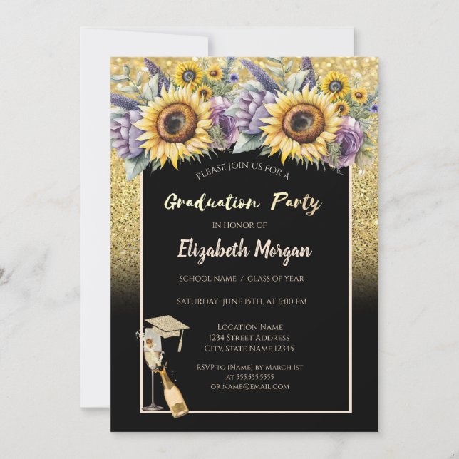Gold Glitter,Wine,Glass,Sunflowers Violet Flowers Invitation (Front)
