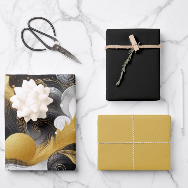 Gold Glitter with Black Abstract  Wrapping Paper Sheet (Front)