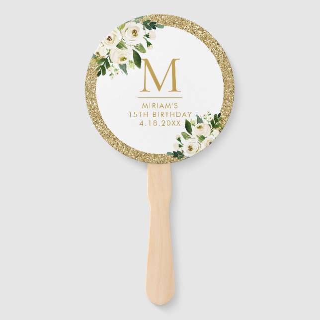Gold Glitter with White Flowers Birthday Hand Fan (Front)