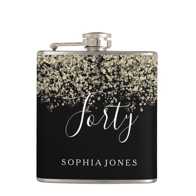 Gold Glitter Womans Mens 40th Birthday Party Gift Hip Flask (Front)