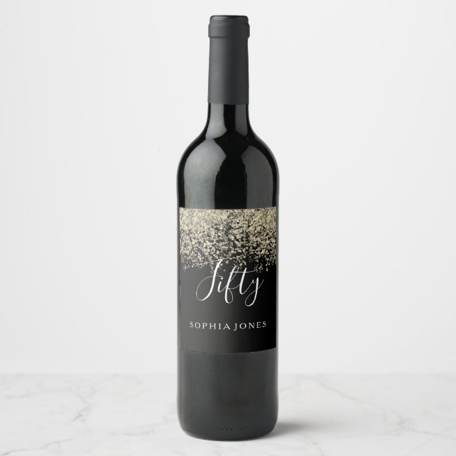 Gold Glitter Womans Mens 50th Birthday Party Wine Label (Front)