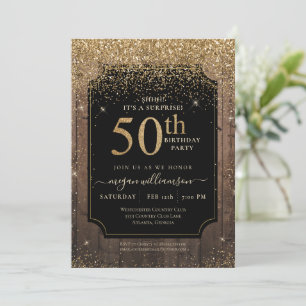 Gold Glitter Wood 50th Birthday Party Black Invitation