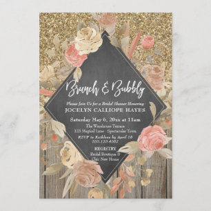 Gold Glitter Wood Floral Chalkboard Brunch Bubbly Invitation