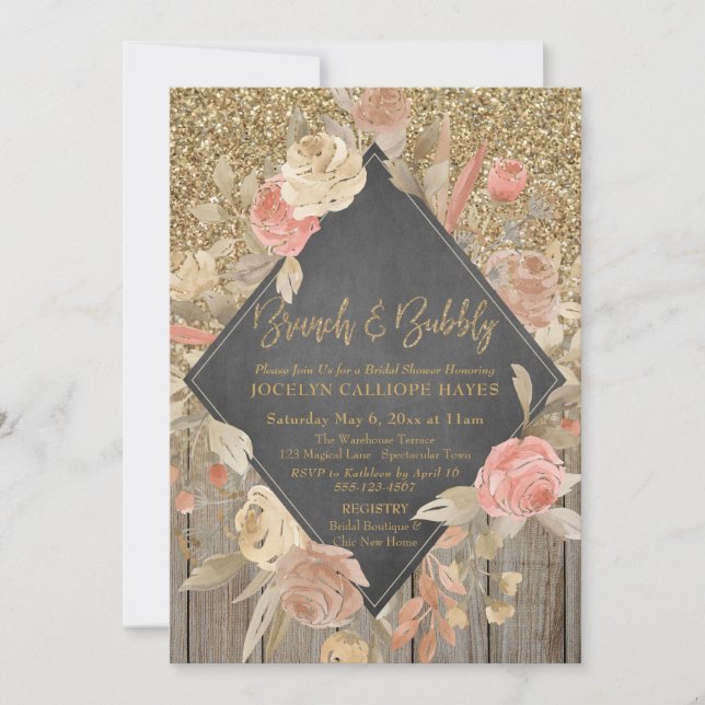 Gold Glitter Wood Floral Chalkboard Brunch Bubbly Invitation (Front)