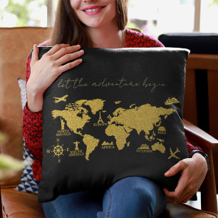 Gold Glitter World Map on Black Elegant Adventure Cushion