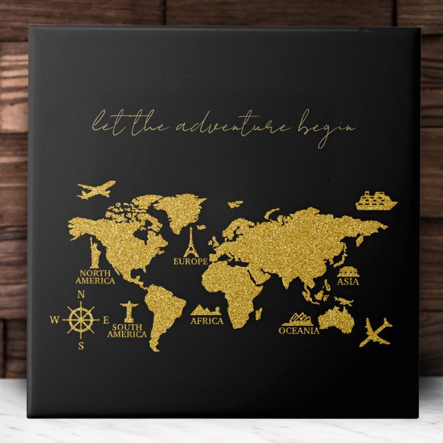 Gold Glitter World Map on Black Elegant Adventure Tile (Creator Uploaded)