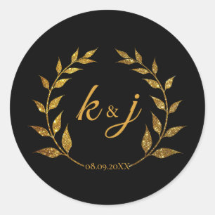 Gold Glitter Wreath Monogram Wedding Save the Date Classic Round Sticker