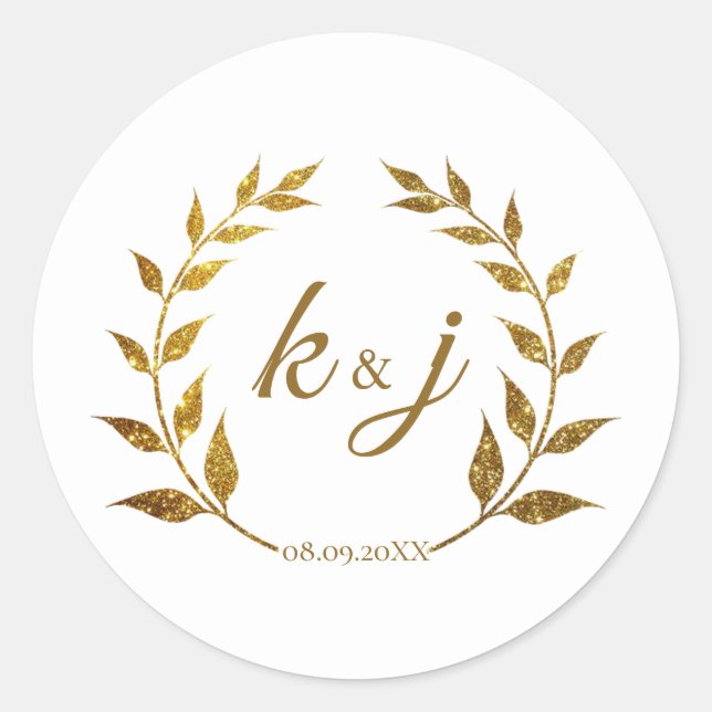 Gold Glitter Wreath Monogram Wedding Save the Date Classic Round Sticker (Front)
