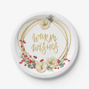 Gold Glitter Wreath with Magnolia and Berries Paper Plate