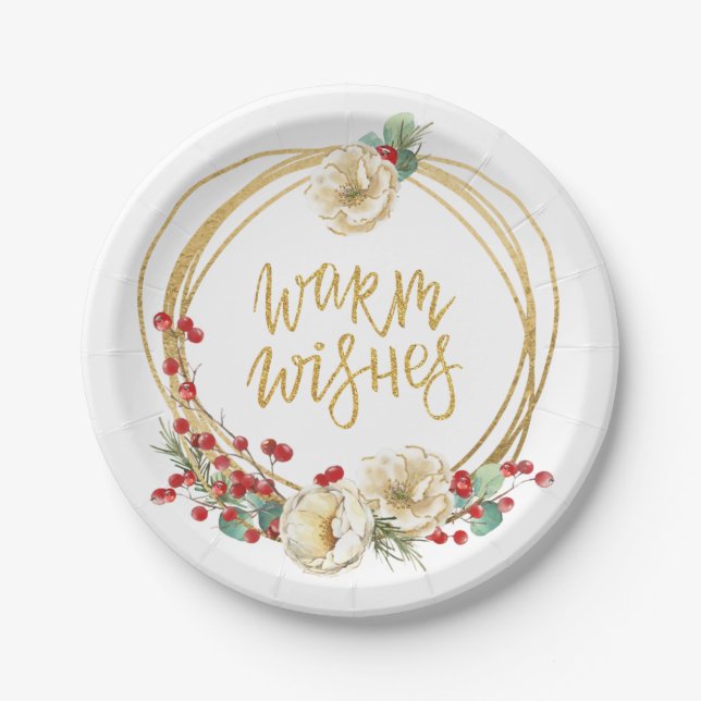 Gold Glitter Wreath with Magnolia and Berries Paper Plate (Front)