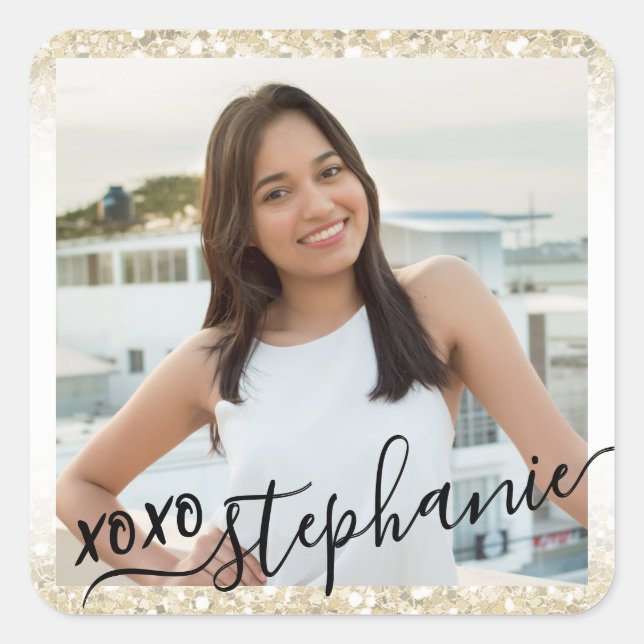 Gold Glitter XOXO Thank You Party Favour Photo Square Sticker (Front)