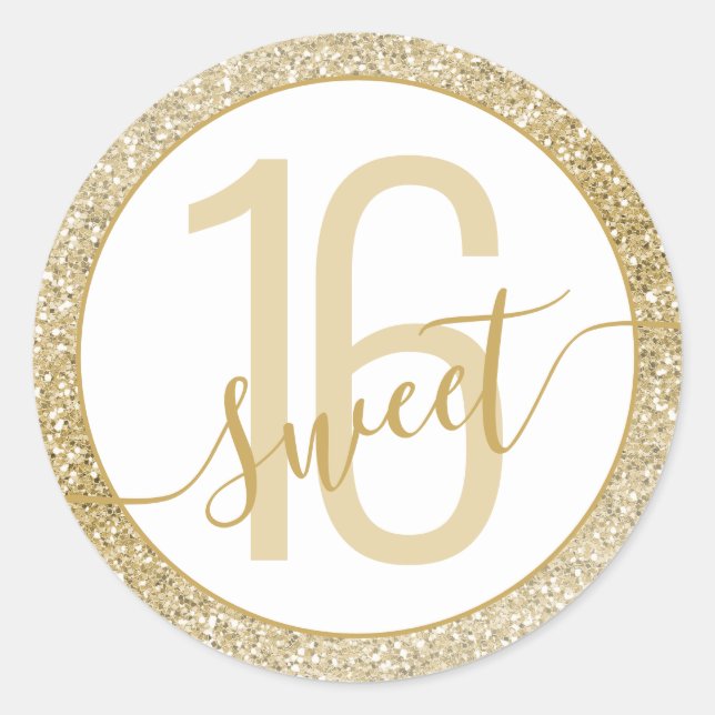Gold Glitter Yellow Birthday Favour Sweet 16 Classic Round Sticker (Front)