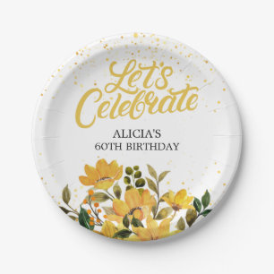 Gold Glitter Yellow Floral Birthday Paper Plate