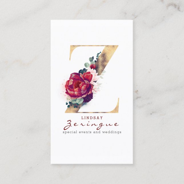 Gold Glitter Z Monogram Burgundy Red Floral Business Card (Front)