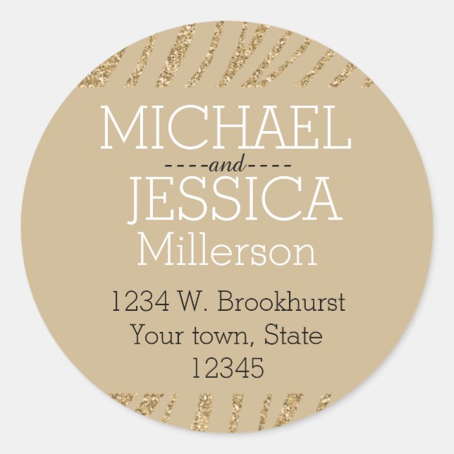Gold Glitter Zebra Personalised address Classic Round Sticker (Front)