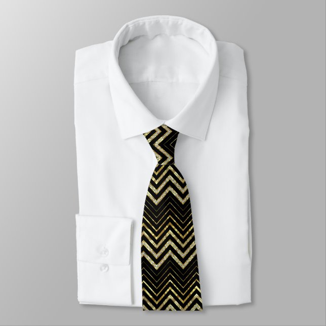 Gold Glitter & Zigzag Chevron Pattern Tie (Tied)