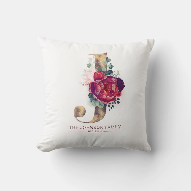 Gold Glittered J Monogram Floral Burgundy Red Cushion (Front)