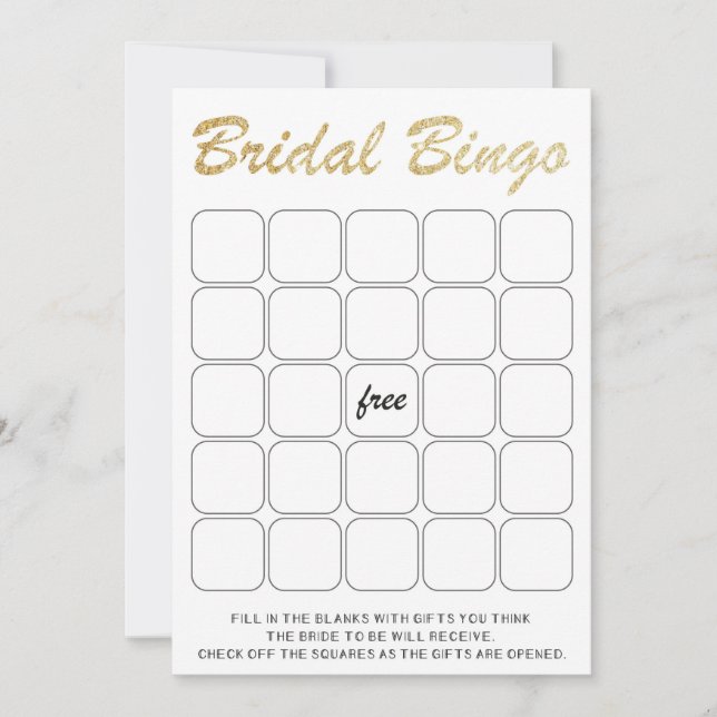 Gold glittering bridal shower bingo game invitation (Front)