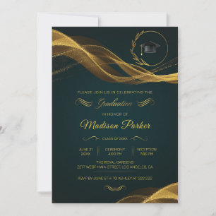 Gold Glittering Wave on Green Graduation   Invitation