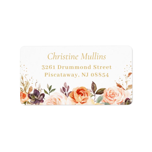 Gold Glitters Autumn Botanical Floral Address Label (Front)