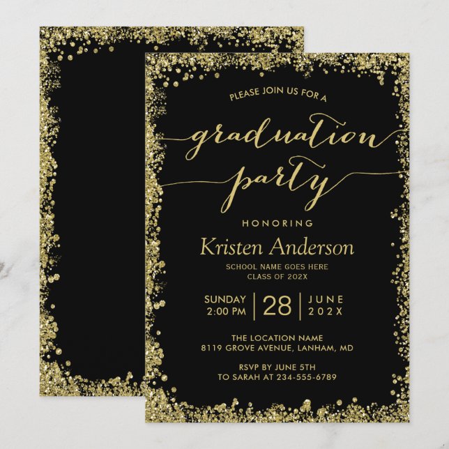 Gold Glitters Border Typography Graduation Party Invitation (Front/Back)