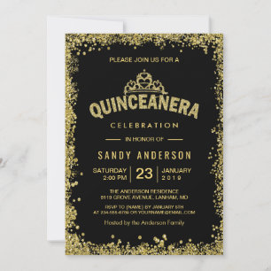 Gold Glitters Crown Quinceanera 15th Birthday Invitation