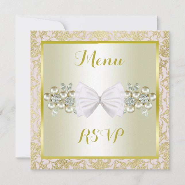 Gold Glitters, Diamond Floral Gems & Bow Menu RSVP (Front)