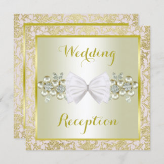Gold Glitters, Diamond Gem & Bow Wedding Reception Invitation