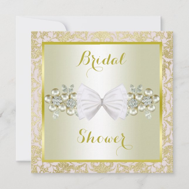 Gold Glitters, Diamond Gems & Bow Bridal Shower Invitation (Front)