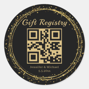 gold glitters gift registry qr code wedding classic round sticker
