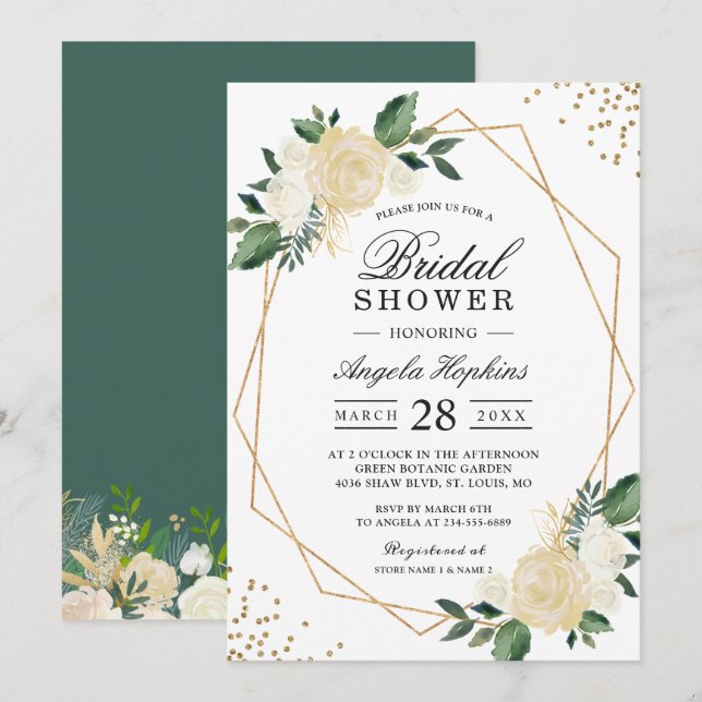 Gold Glitters Greenery Floral Bridal Shower Brunch Invitation (Front/Back)