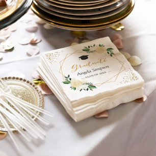 Gold Glitters Ivory Green Floral Graduation Party Napkin