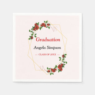 Gold Glitters Ivory Red  Floral Graduation Party Napkin
