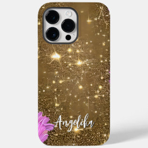 Gold Glitters Pink Flowers Custom Name Case-Mate iPhone 14 Pro Max Case