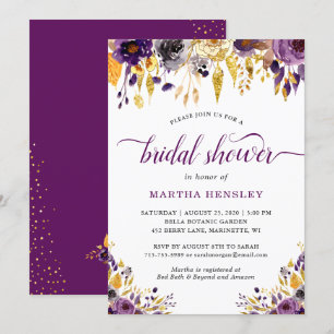 Gold Glitters Plum Purple Floral Bridal Shower Invitation