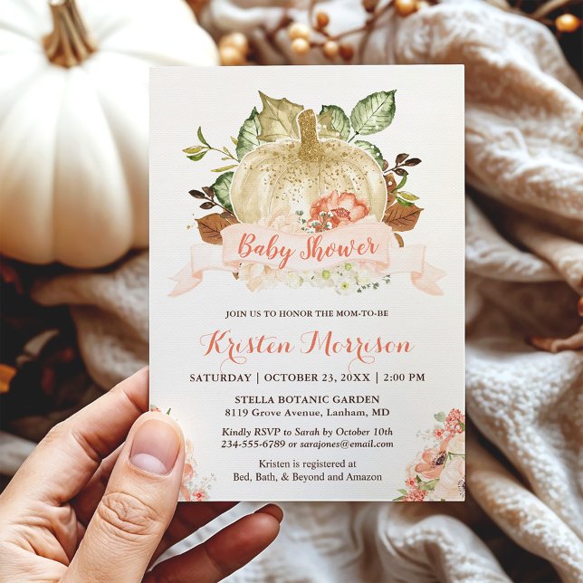 Gold Glitters Pumpkin Floral Fall Baby Shower Invitation (Creator Uploaded)