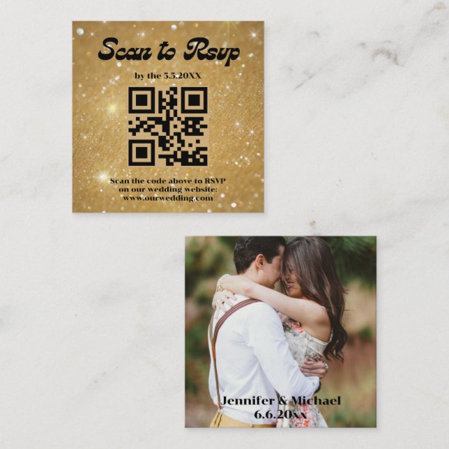 gold glitters retro rsvp qr code wedding photo enclosure card (Front/Back)
