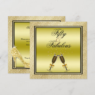 Gold Glitters Stiletto & Champagne Fabulous 50 Invitation