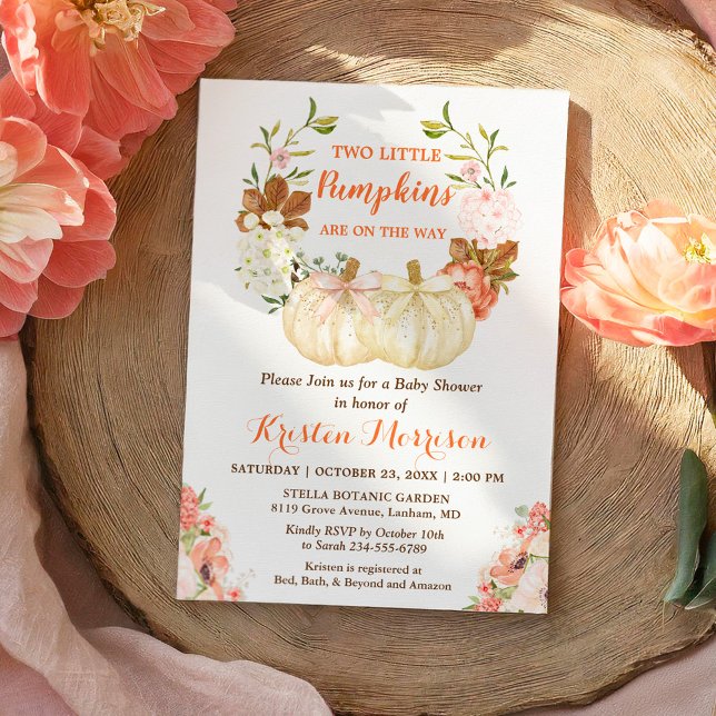 Gold Glitters Twins Pumpkins Fall Baby Shower Invitation (Creator Uploaded)