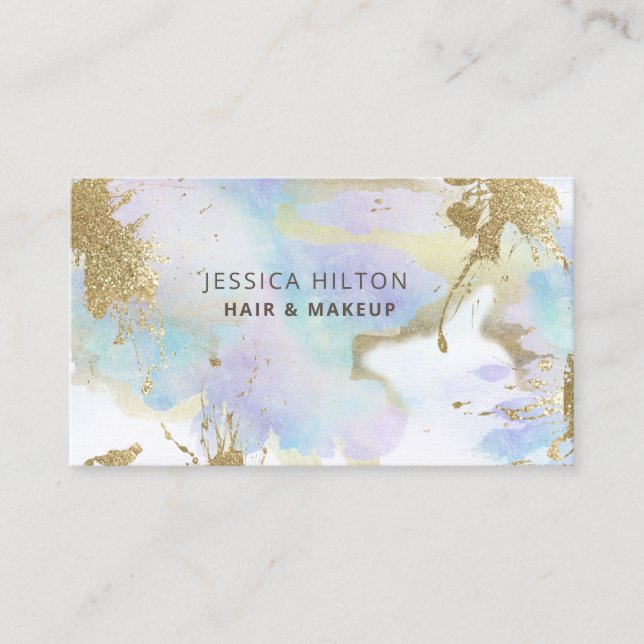 Gold glittery abstract pastel watercolor wash business card (Front)
